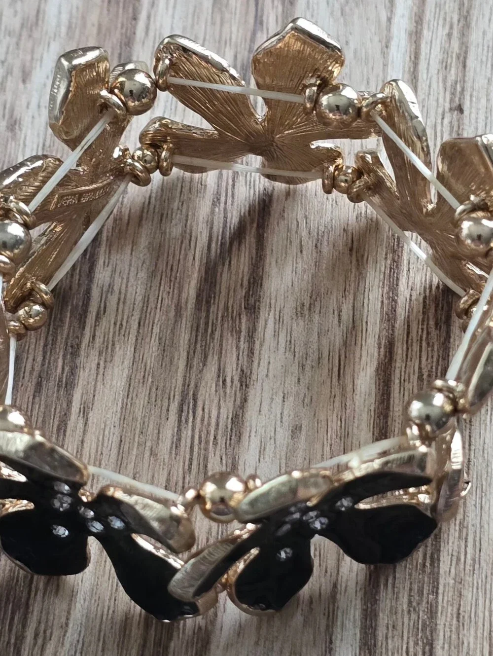 Vera Bradley Gold and Black Floral Stretch Bracelet with Crystal Accents
